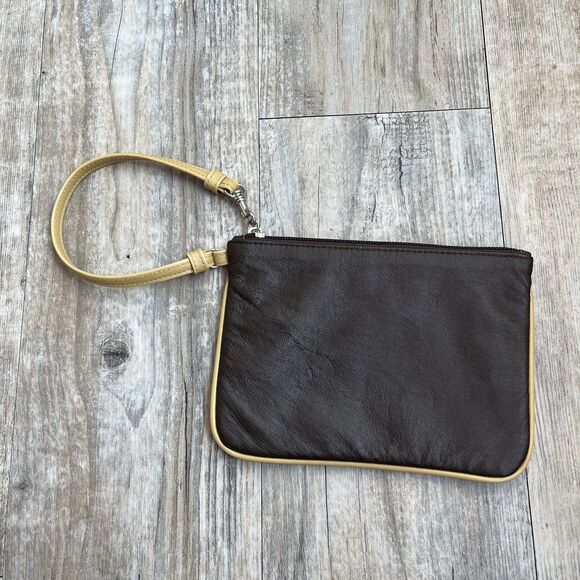 Newport News Leather Wristlet Wallet Brown and Yellow Vintage Zip - Picture 2 of 6